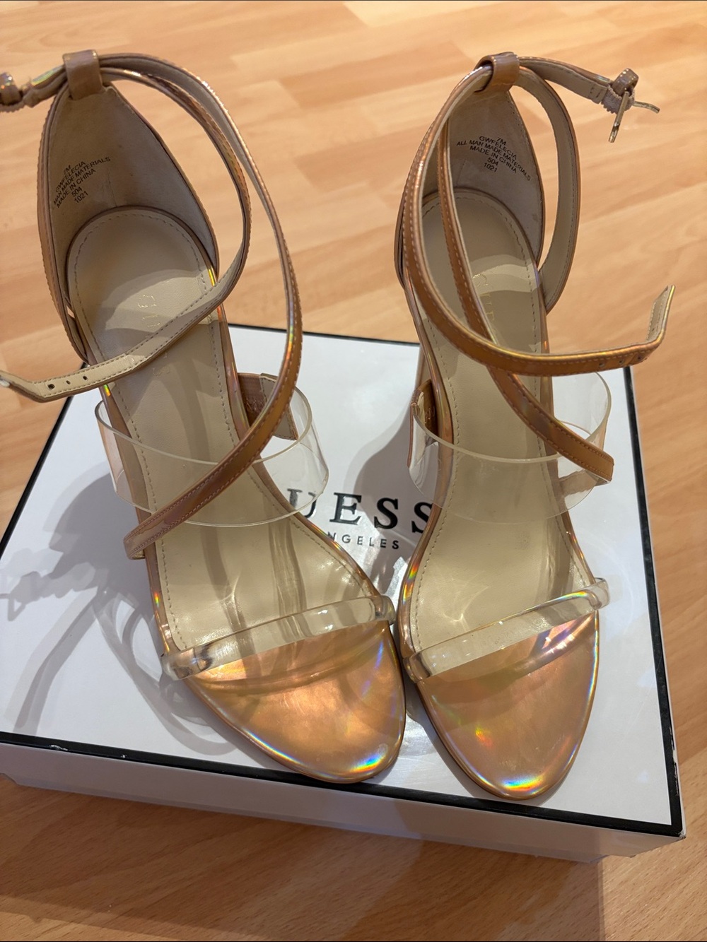 Guess Iridescent Gold-Tone Ankle-Strap Heels with Clear Straps